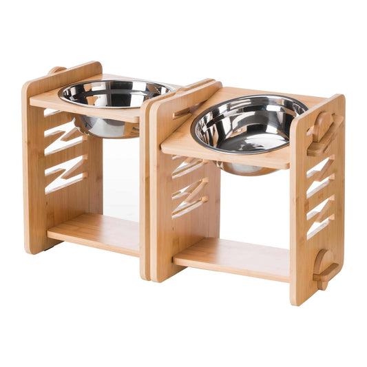 Petschat Elevated Dog Bowls 9 Heights Adjustable Raised Dog Bowl 4.7″-11.8″ with Food Grade 304 Stainless Steel 51 OZ Bamboo Dog Bowl Stand for Medium and Large Dogs 2 Pack