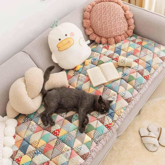 FUNNY FUZZY Pet Couch Covers for Sofa Couch Covers for Dogs Washable Dog Couch Cover Protector Furniture Sofa Covers for Dog Handmade Pure Cotton Pet Bed Mat (Iris 27.6"×59.1")